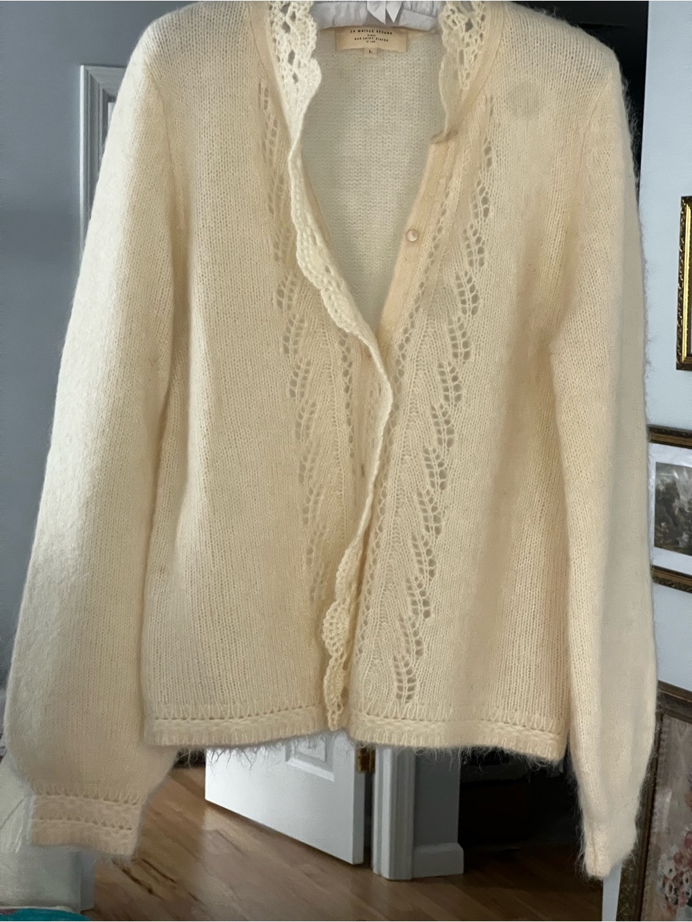 Sezane Angie Cream Lace-Trim Mohair Cardigan